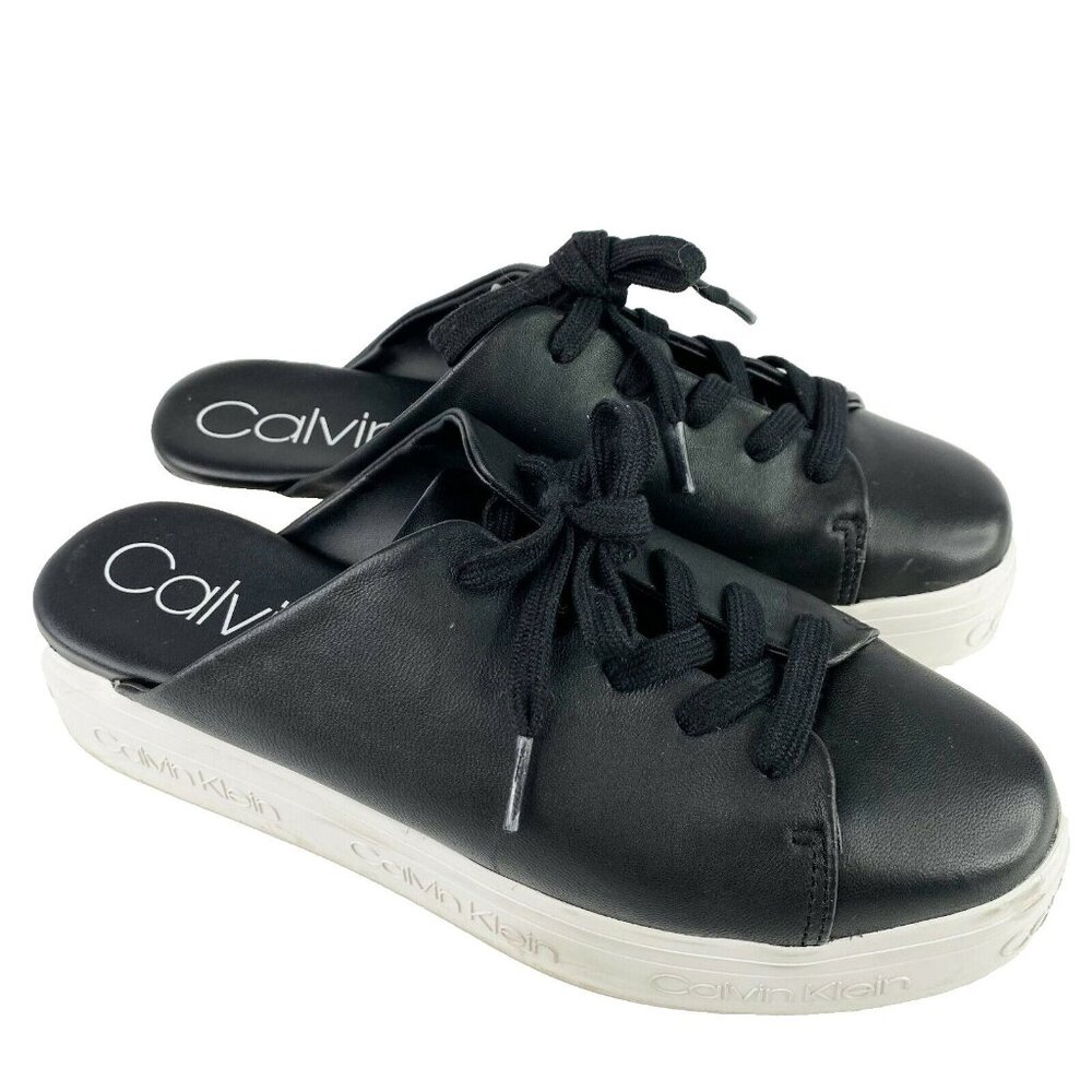 Calvin Klein Shoes Womens Size 9 Jackay Platform Slides Slip On Black Leather